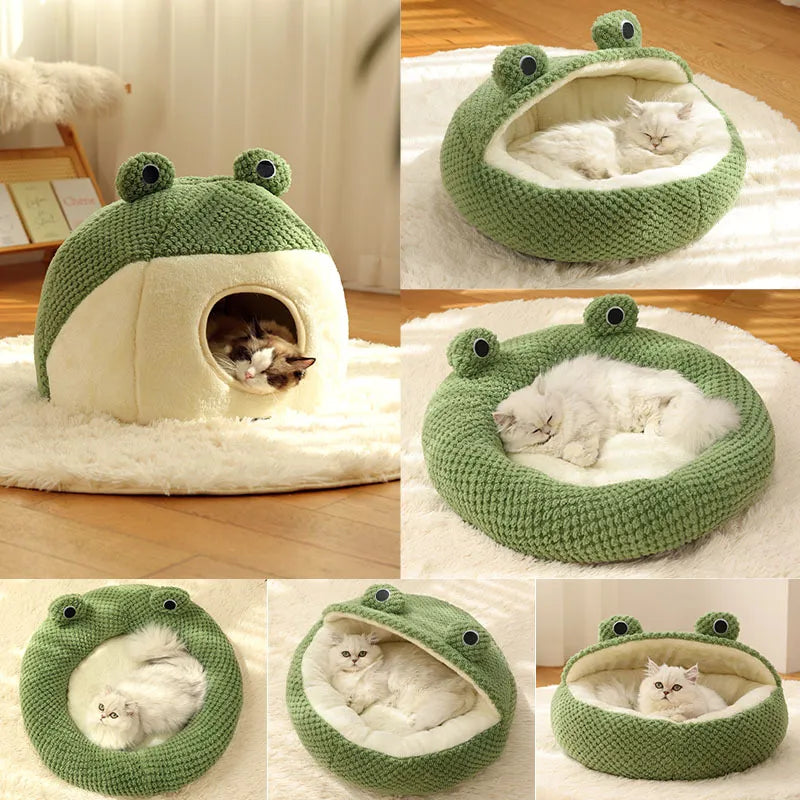 Cozy Little Frog Plush Pet Nest for Small Cats and Dogs - Perfect Autumn/Winter Home for Pets up to 5KG